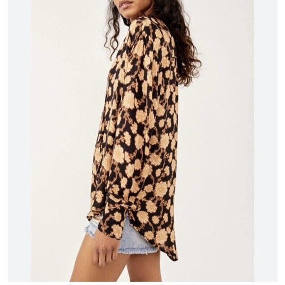 Free People Mia Floral Tunic Top XS Oversized Black Brown Vintage Long Sleeve - Picture 5 of 11